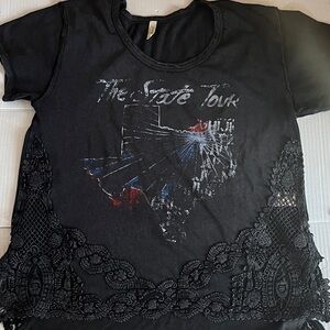 FP Vintage Movement by Free People Black Graphic Lace-Trim Jersey Top